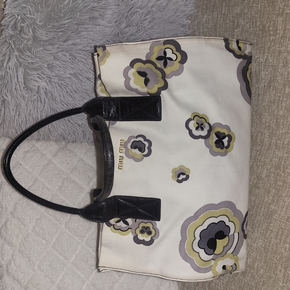 Miu Miu Floral Canvas Tote Bag - Black and Cream